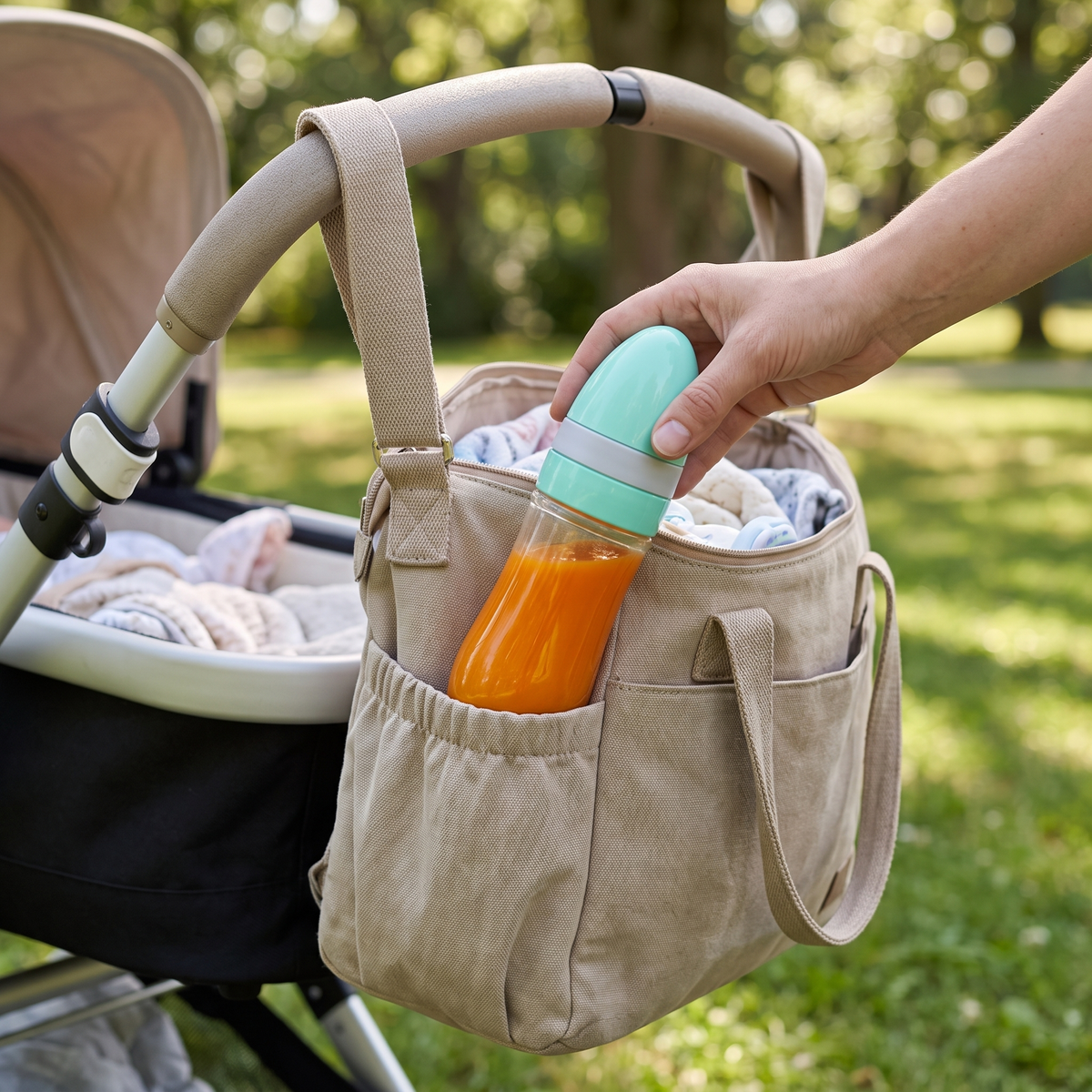 Squeeze spoon feeder packed in the diaper bag with the cap on